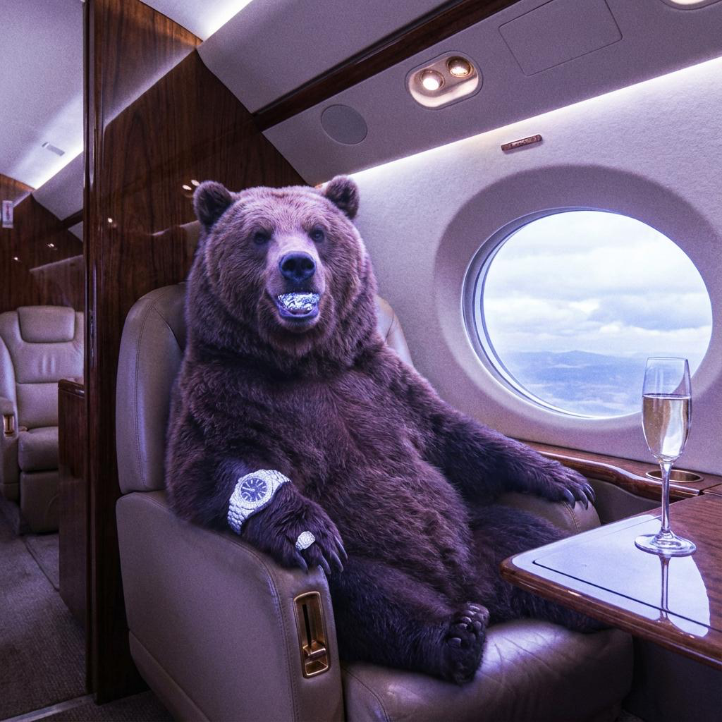Bear in private jet with champagne